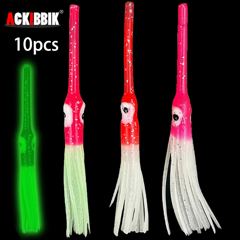 

Ackibbik 10pcs Luminous Squid Skirt Baits Soft Squid Silicone Lure Glow Squid Bait Sea Fishing Octopus Lure for Night Fishing