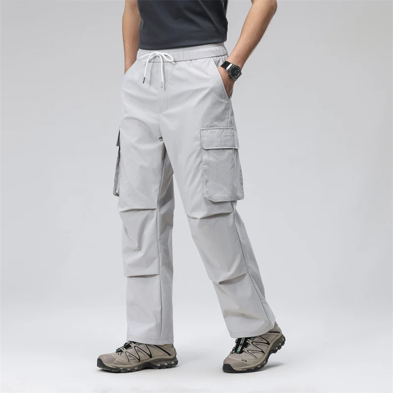 Trendige amerikanische funktionelle reine Farbe, gerades Bein, Sporthose, lockere Passform, Retro-Arbeitskleidung für Herren, Freizeithose mit mehreren Taschen