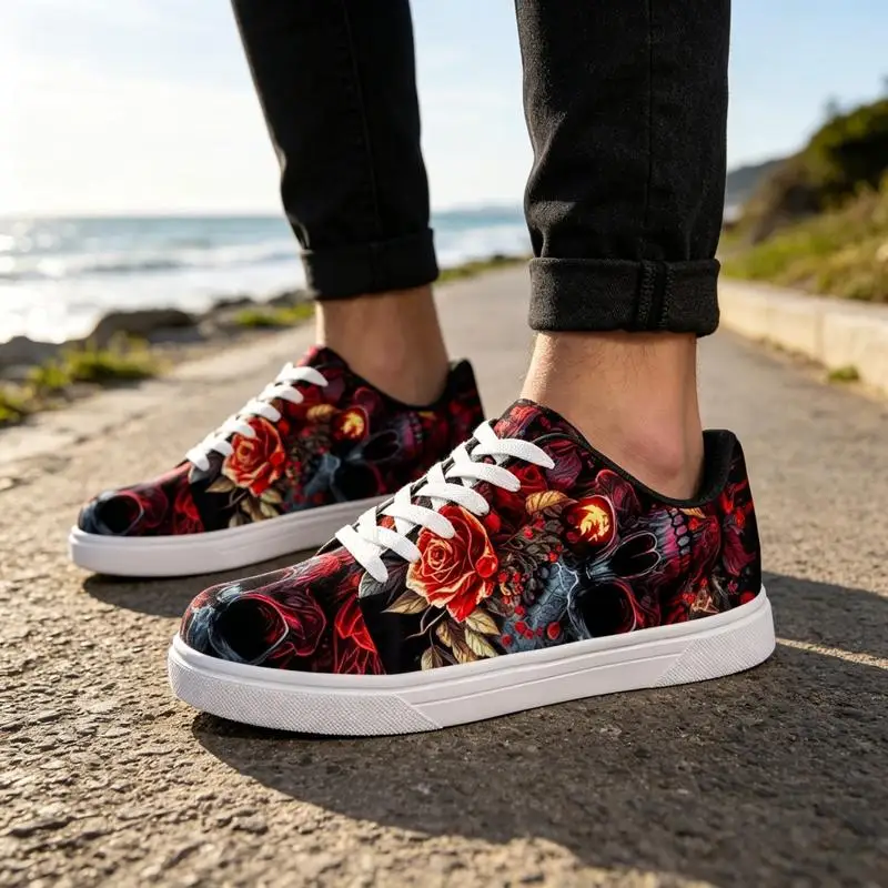 Ladies Men's Road Running Shoes，Fashionable Skull and Rose Print，White casual sneakers，Comfortable outdoor sports shoes - view 2