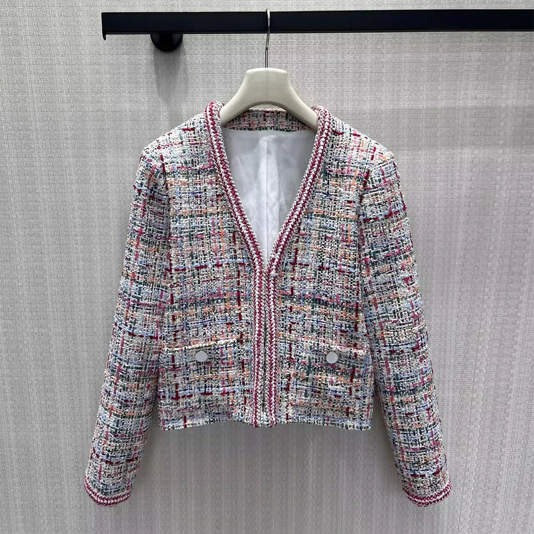 2026 New Fashion Vintage Colorful Yarn Crochet Tweed Jacket Women V-neck Long Sleeve Autumn Elegant Chic Coat