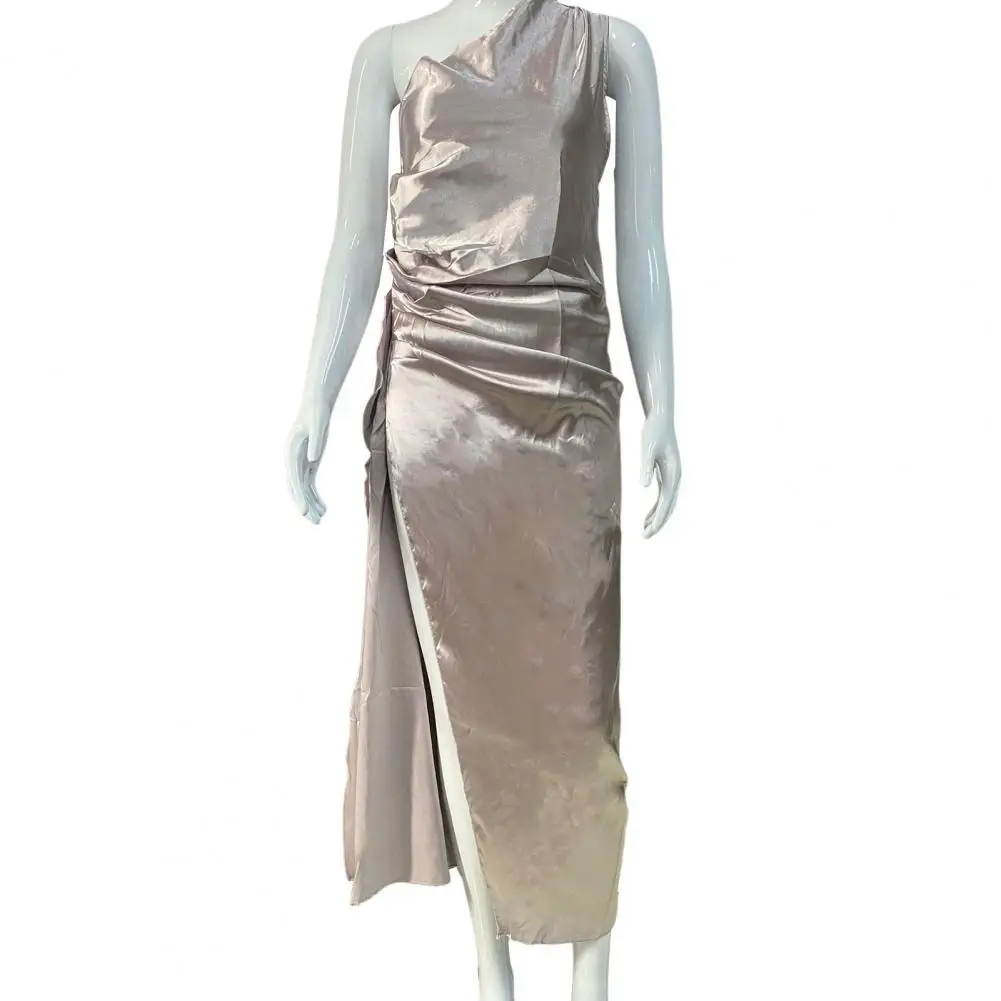 فستان رسمي عالي الخصر أنيق بكتف واحد لحفلات الكوكتيل وحفلات الكوكتيل بلون سادة مع فتحة خصر مطوية #3