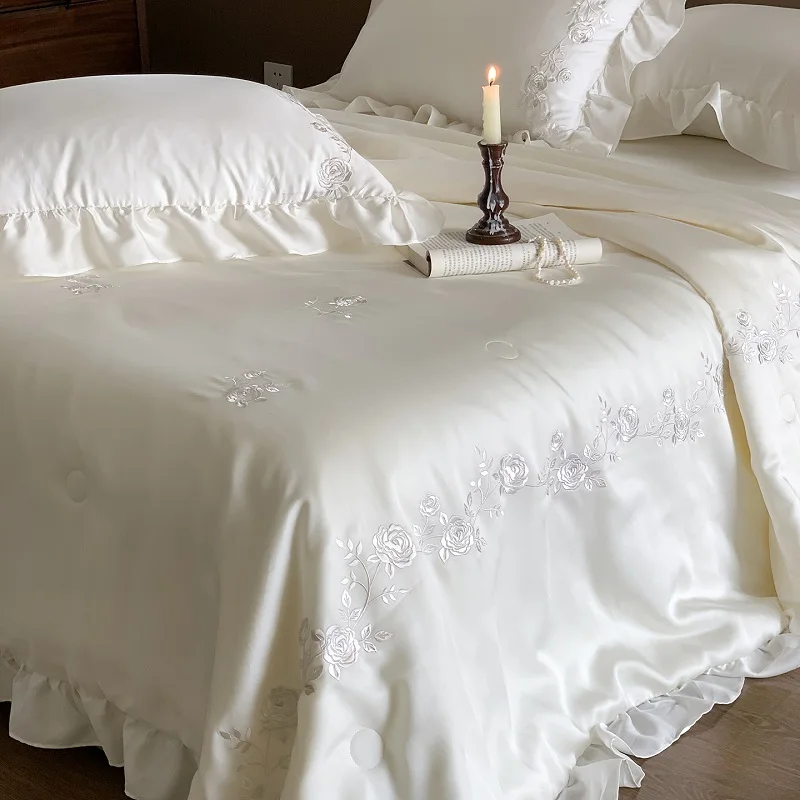 

Rose Flowers Embroidery Ruffles Summer Quilt Soft Silky Lyocell Bamboo Fiber Thin Comforter With Bed Sheet Pillowcases 4/6Pcs