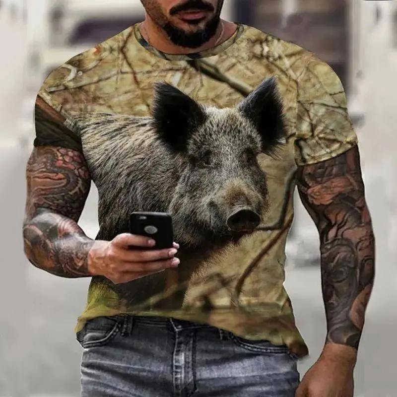 Men's Summer Boar Harajuku Vintage Pattern 3d Printed O Collar Short Sleeve T-Shirt Fashion Personality Fun Plus Size Top