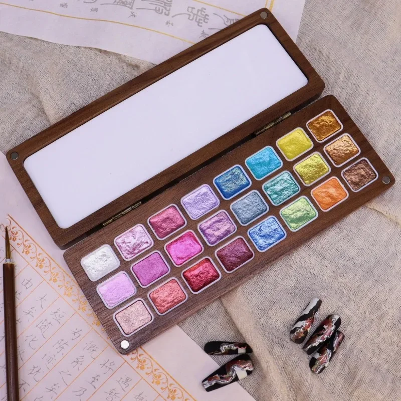 24-colors Pearlescent Solid Color Watercolor Solid Pigment Set Handmade DIY Nail Art Painted Walnut Box Pigment