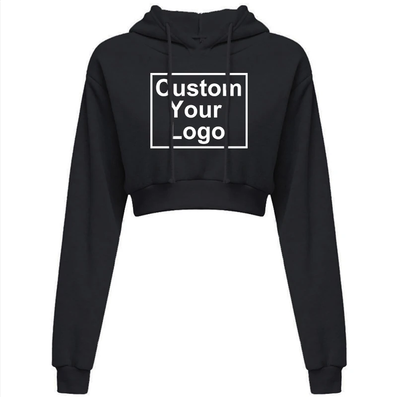 Fashion Women‘s Custom Your Logo Sexy Casual Long Sleeve Hooded Short Sweatshirt Plain Crop Tops Pullover Hooded Sweatshirt