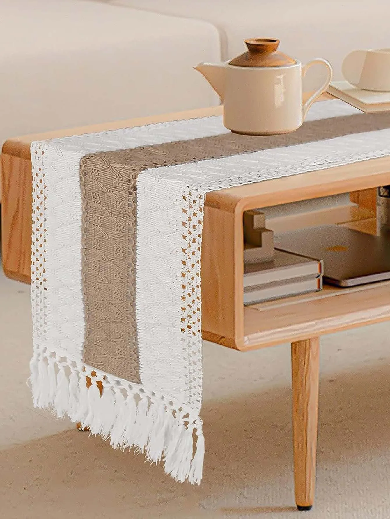 Corredor De Mesa De Macramé Com Borlas, Corredores De Mesa De Macramé Para Decoração De Casa, Jantar E Decoração De Quarto, Creme E Marrom