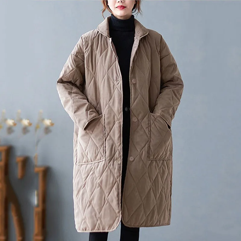 

New Loose Autumn Winter Light Padded Cotton Jacket Female Korean Long Cotton Outerwear Casual Parka Overcoat Women's Clothing 4X