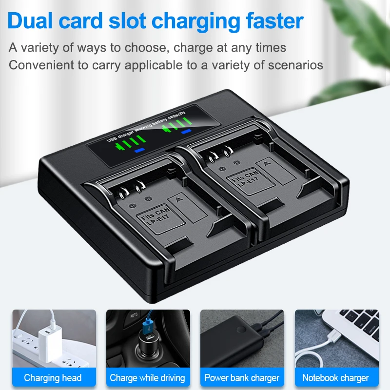 HQIX for Canon EOS M3 M5 M6 R10 RP R8 250D 750D 760D 850D 800D 77D 9000D 200D Ⅱ Camera LP-E17 Dual Charger Battery