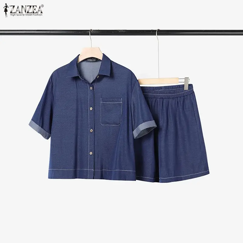 

Короткие костюмы из искусственного денима ZANZEA, женская рубашка с короткими рукавами и шорты с эластичной резинкой на талии, комплекты из 2 предметов, летние повседневные свободные комплекты, наряды