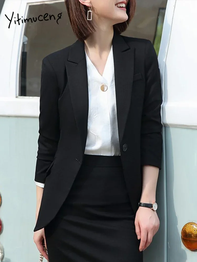 Yitimuceng Black Elegant Office Suit Jacket New Fashion Long Sleeve Solid Color Slim Fit Suit Collar Single Button Women Blazers