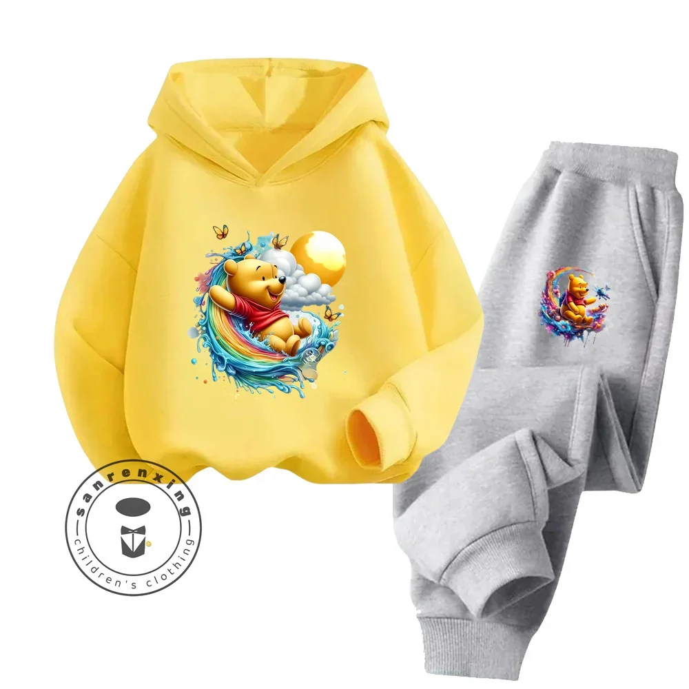 Winnie the Pooh Cartoon Long Sleeve Hoodie Pant Set Pure Cotton Fun Bear Cartoon Characters Children\'s Fall Winter Hoodie Set