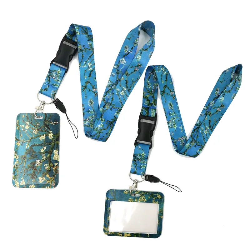 Van gogh Almond Tree Painting Fashion Women Card Holder Lanyard Colorful Badge Reel Nurse Doctor Student Card Clip Badge Holder