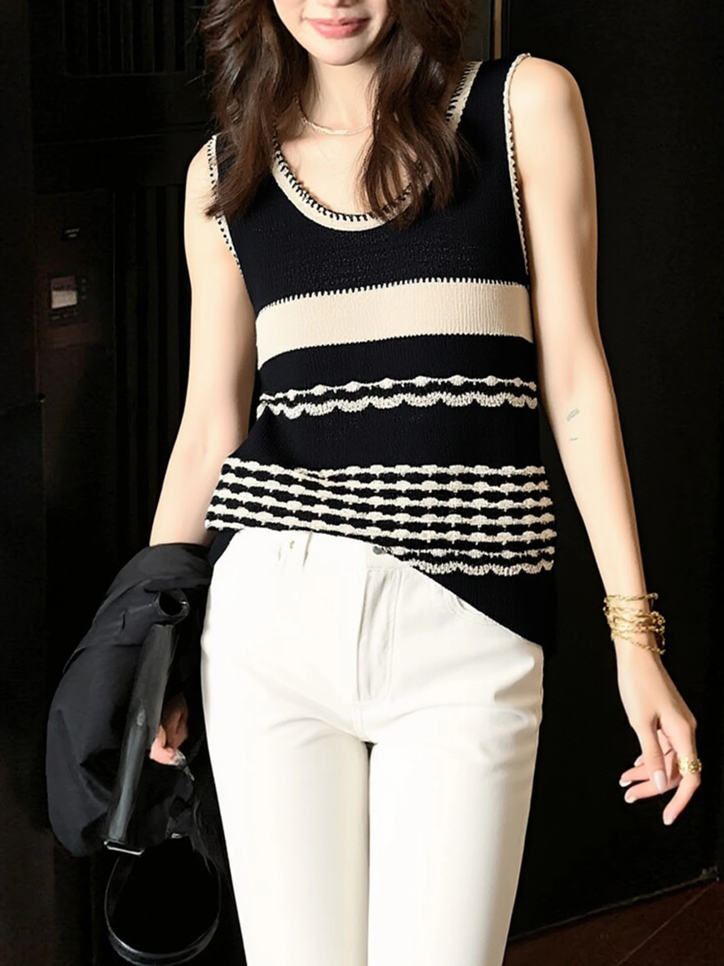 

Вязаный жилет без рукавов в корейском стиле, свободного кроя, для весеннего повседневного образа, женская одежда, дизайн с цветовыми блоками, повседневный трикотаж