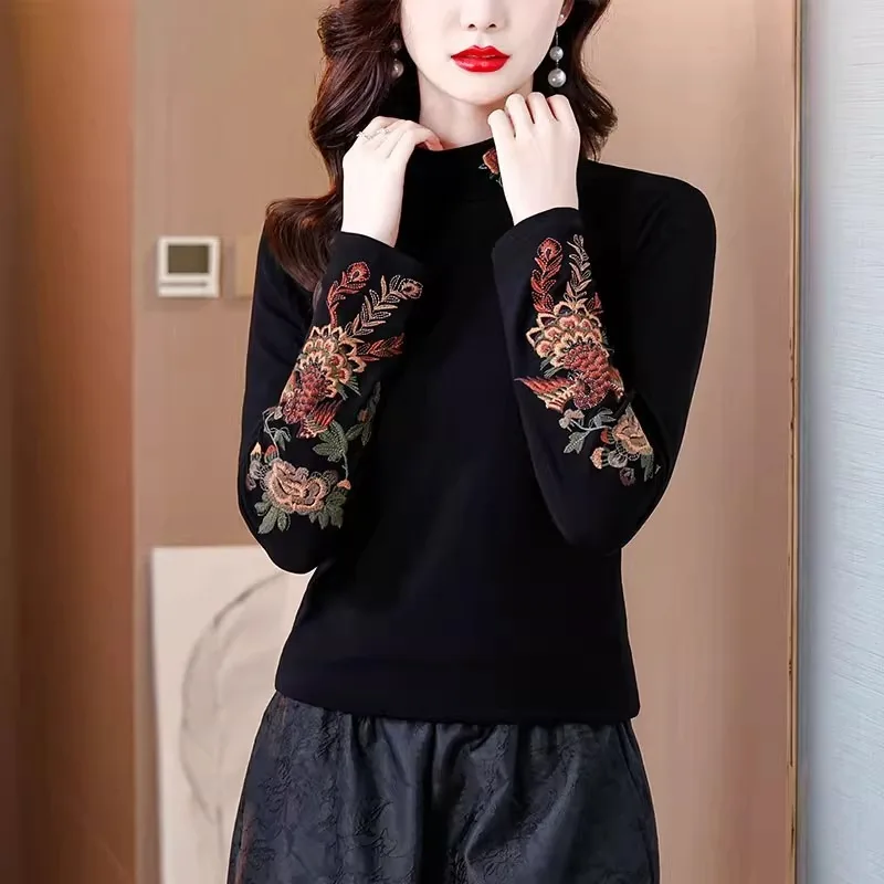 Embroidered Half Turtleneck Warm Autumn Winter German Velvet Long-sleeved Chinese T-shirt Retro Bottoming Shirt Top for Women