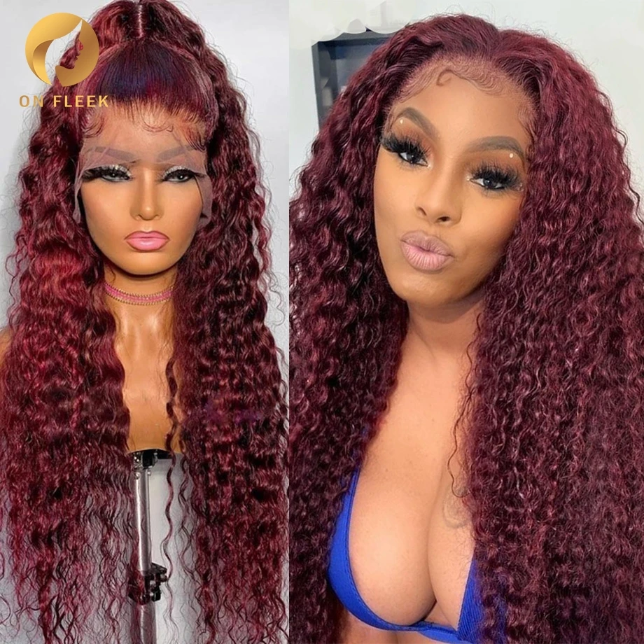 

99j Lace Wig Burgundy Curly Human Hair Wigs For Women Red Colored 30 Inch Pre Plucked Hd Transparent Deep Wave T Part Lace Wig