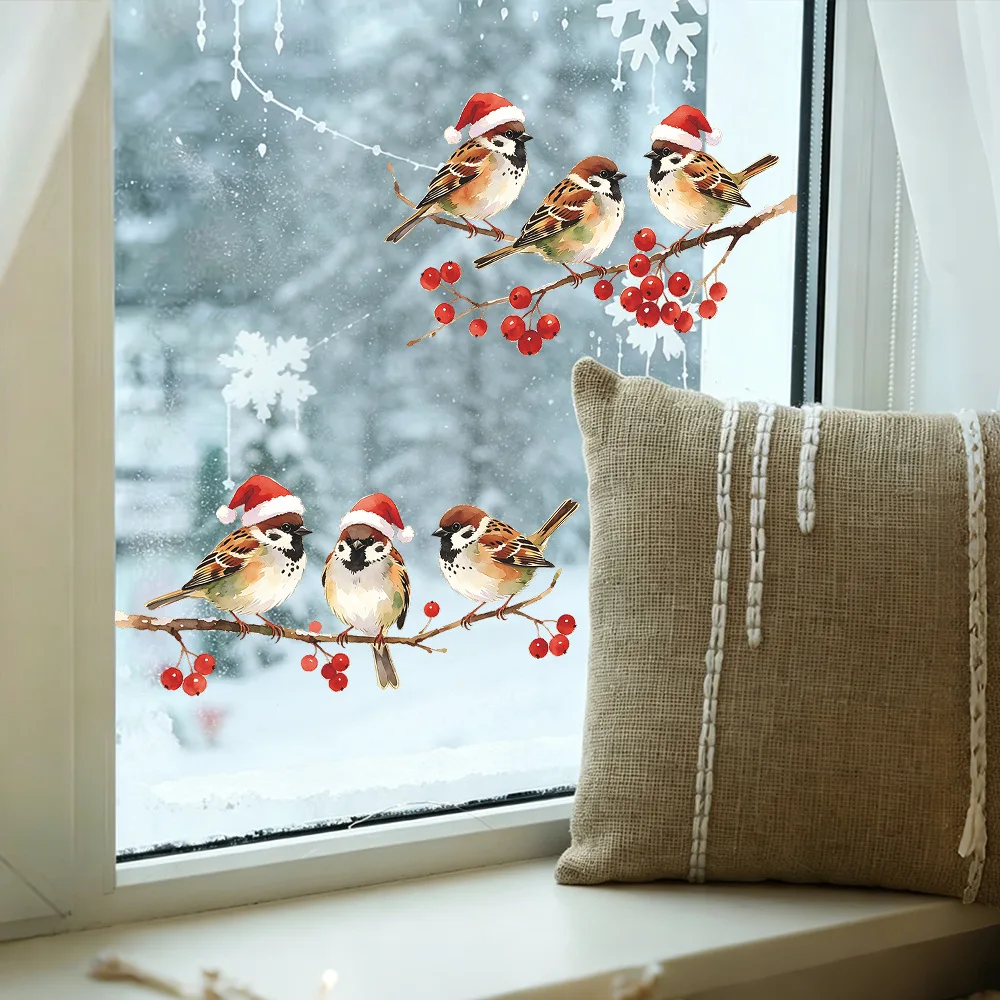Christmas Red Berry Branch Santa Hat Sparrow Static Window Sticker Home Balcony Glass Door Decorative Wall Decal