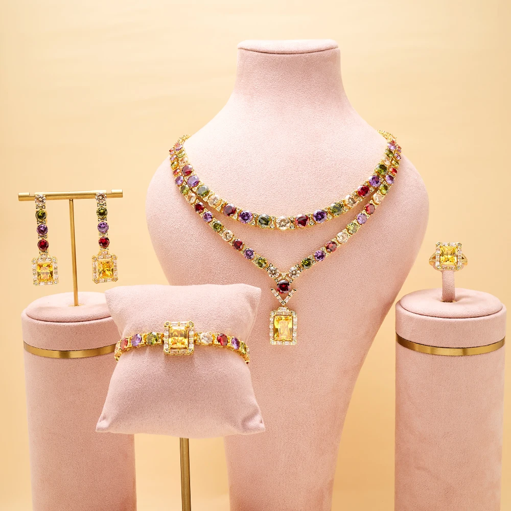

Luxury Colorful Cubic Zircon Ladies Jewelry Sets for Women Wedding Party High Quality Zirconia Multi Color Necklaces Set