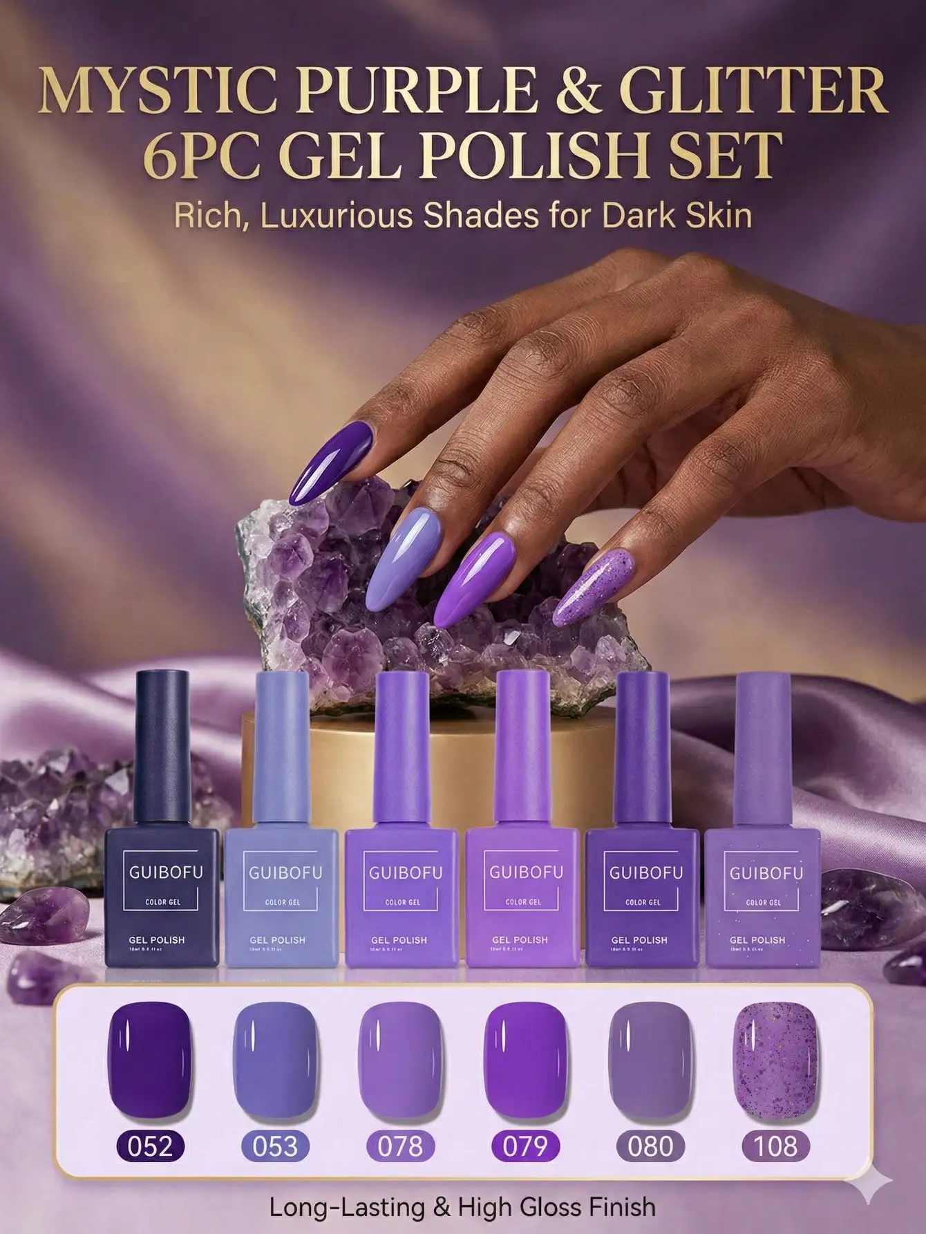 6Pcs/Set 15ml Purple Series Set Lavender, Grape Purple, Soak-Off UV LED Gel Polish Semi Permanent Nail Art DIY