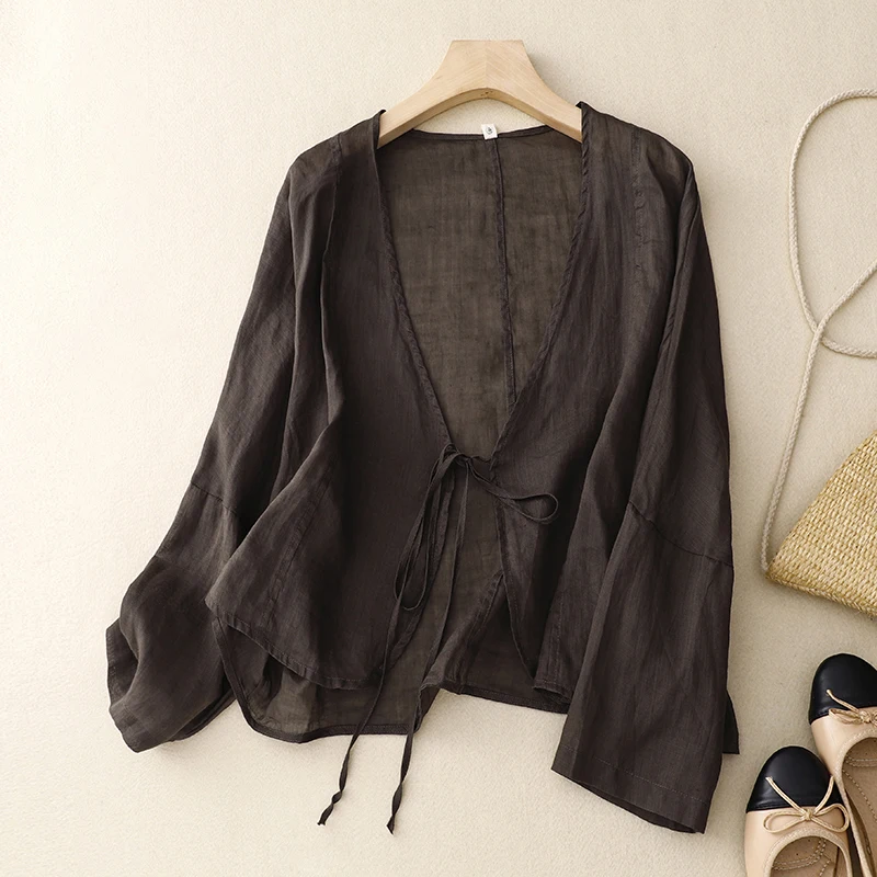 

Ladies Loose V-Ne ort Cotton Linen Sun Protection Outerwear Faionable Retro Belted Cardigan Summer Artistic Trendy