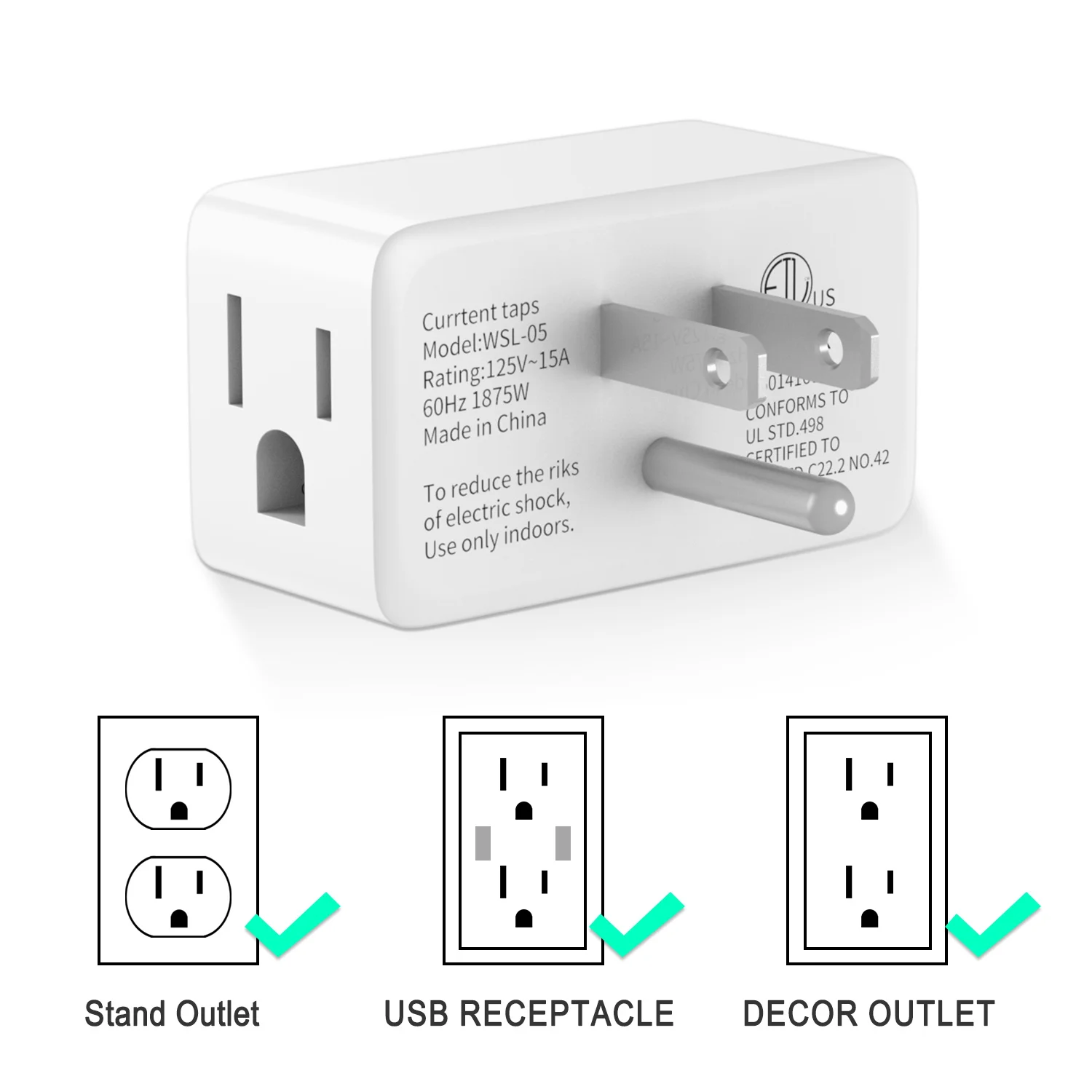 3pcs US Wall Plug Adapter with 3 AC Outlet Extender Multiple Socket Power Strip Electrical Outlet for Home Office White