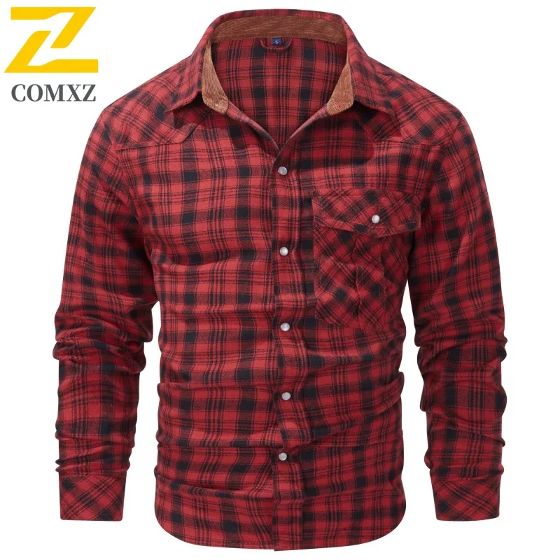 Fashion Jacket Men's Spring Autumn Casual Classic Plaid Button Long Sleeve Top Multi-pocket Business Casual Flannel Shirt Coat