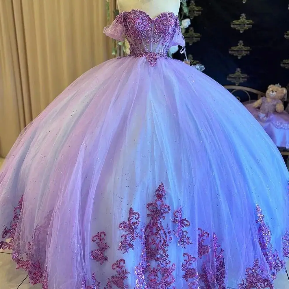 Angelsbridep Lilac Quinceanera Dresses Ball Gown Beading 3D Floral Appliques Off Shoulder Sequined Formal Birthday Customized