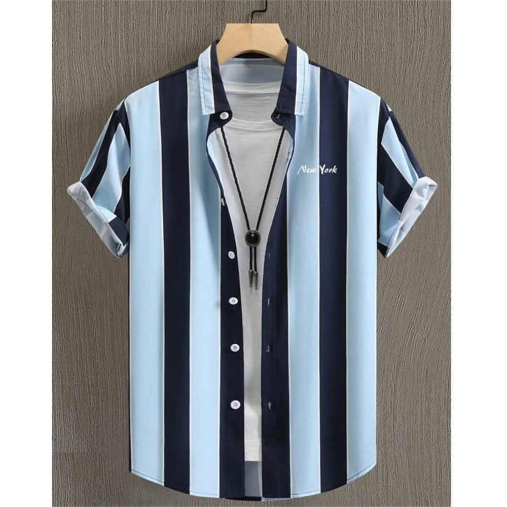 Striped Print Men\'S Shirt Summer Loose Casual Short Sleeve Shirts Simple Fashion High Quality Men Clothing Tops Hawaiian Shirts