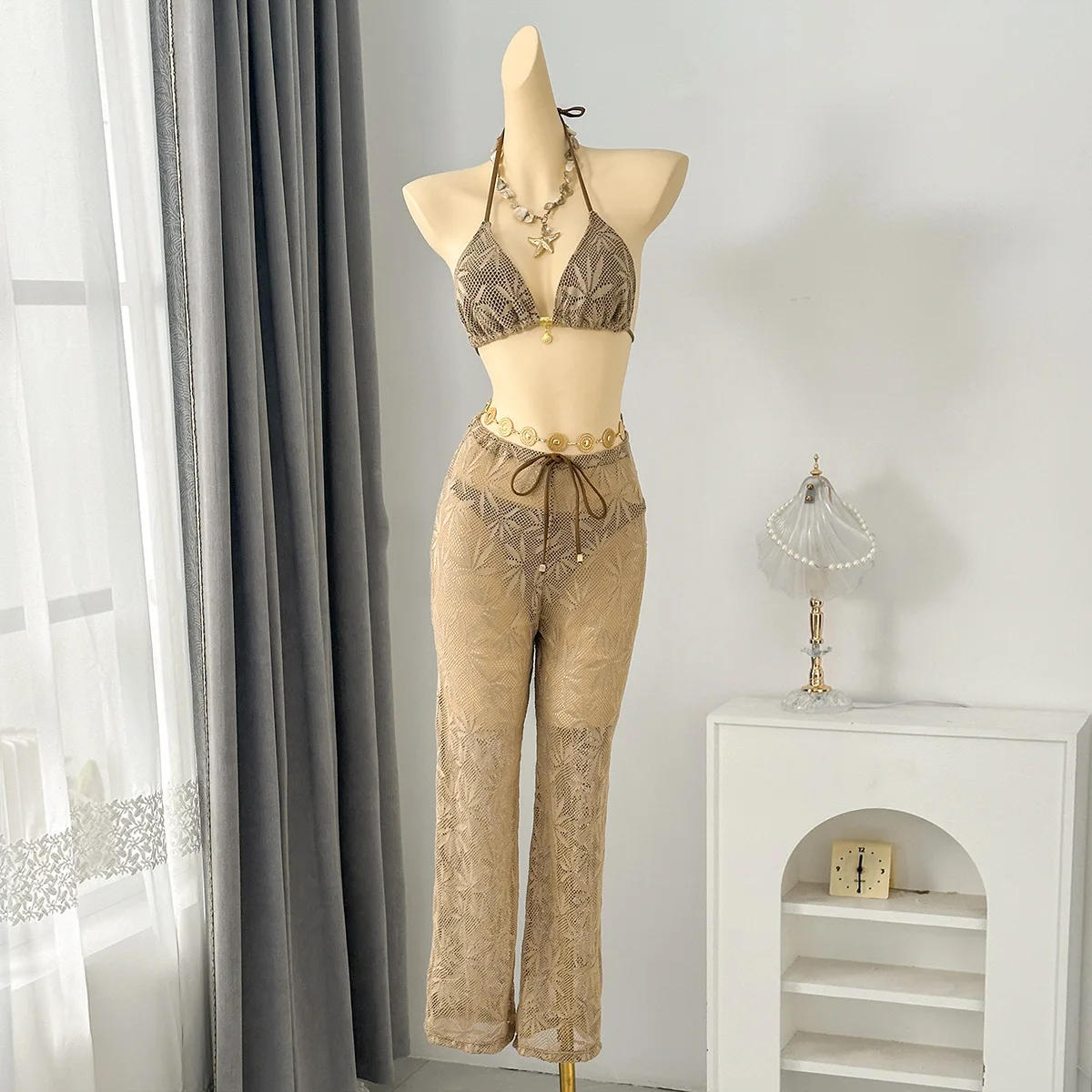 sexy leaves pattern bikinis sets 3pcs with perspective mesh long pants swimsuits bathing suit beach outfits biquini tankini
