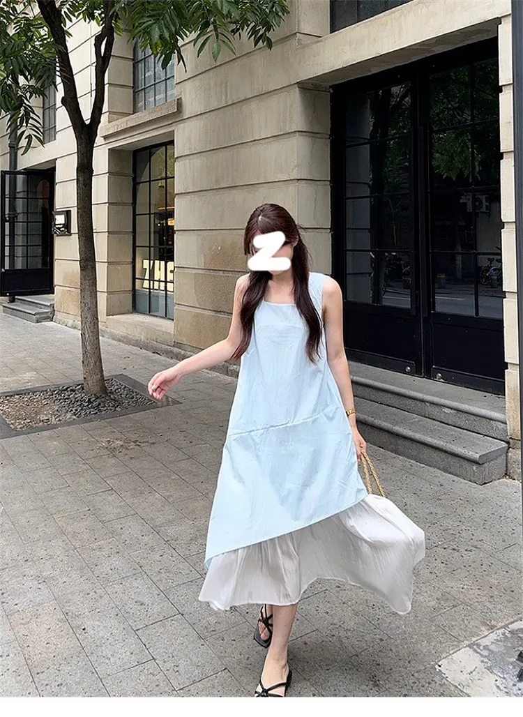 Dresses Sleeveless Womens To Wear A Wedding Summer Cotton Spaghetti Strap Halterneck Hollow-Out Cutout Side-Slit Colorful Simple