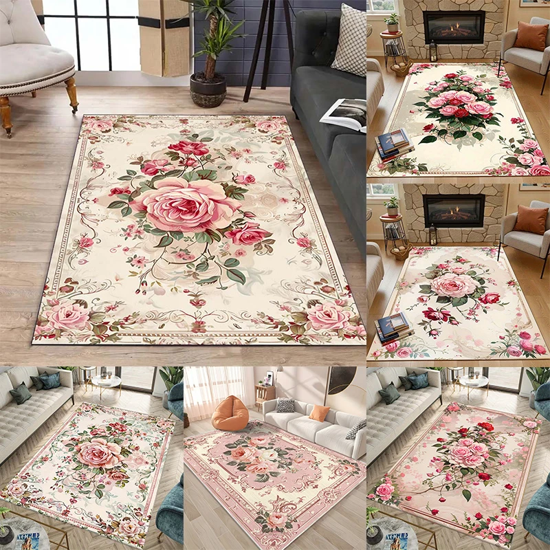 Luxurious Vintage Floral Print Area Rug Non-Slip Machine Washable Floor Mat for Living Room Bedroom Office Decor Washable Carpet