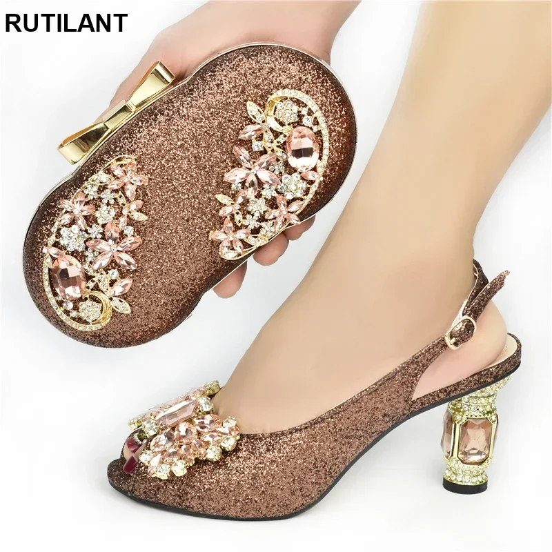 

New Design African Party Shoes with Bag Set Decorated with Rhinestone Open Toe Pumps High Heels Pumps Luxery Shoes Women