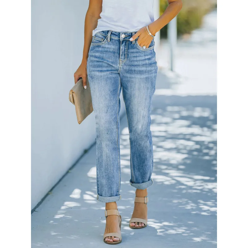 Cross-Border European and American Light Blue Stretch Denim Small Straight Pants Cigarette Pants Foreign TradeTEMUAmazonSHEINAli