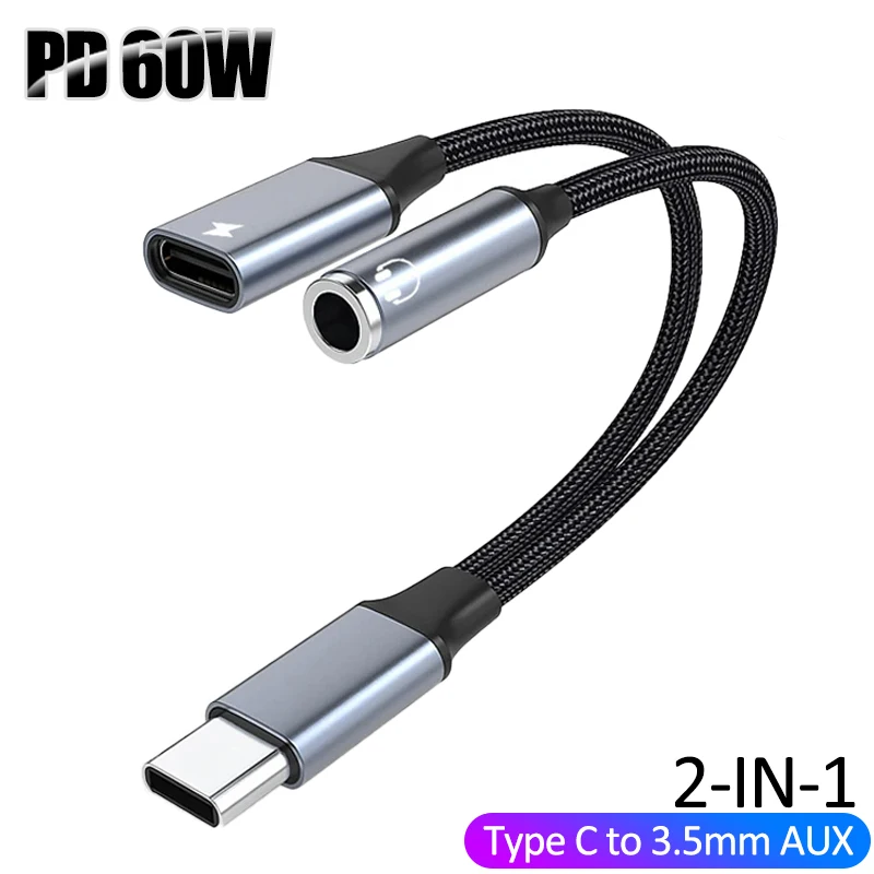 2 in 1 USB Type C to 3.5mm Headphone Audio Aux jack Adapter PD 60W Fast Charging Cable for Samsung Huawei Xiaomi Macbook iPhone