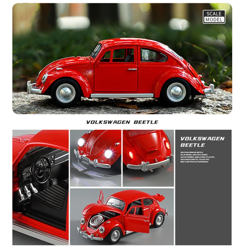 1:18 Scale Beetle 1955 Model Toy Cars Alloy Diecasting Doors Opened Sound Light Pull Back Miniature Vehicles for Children Gifts