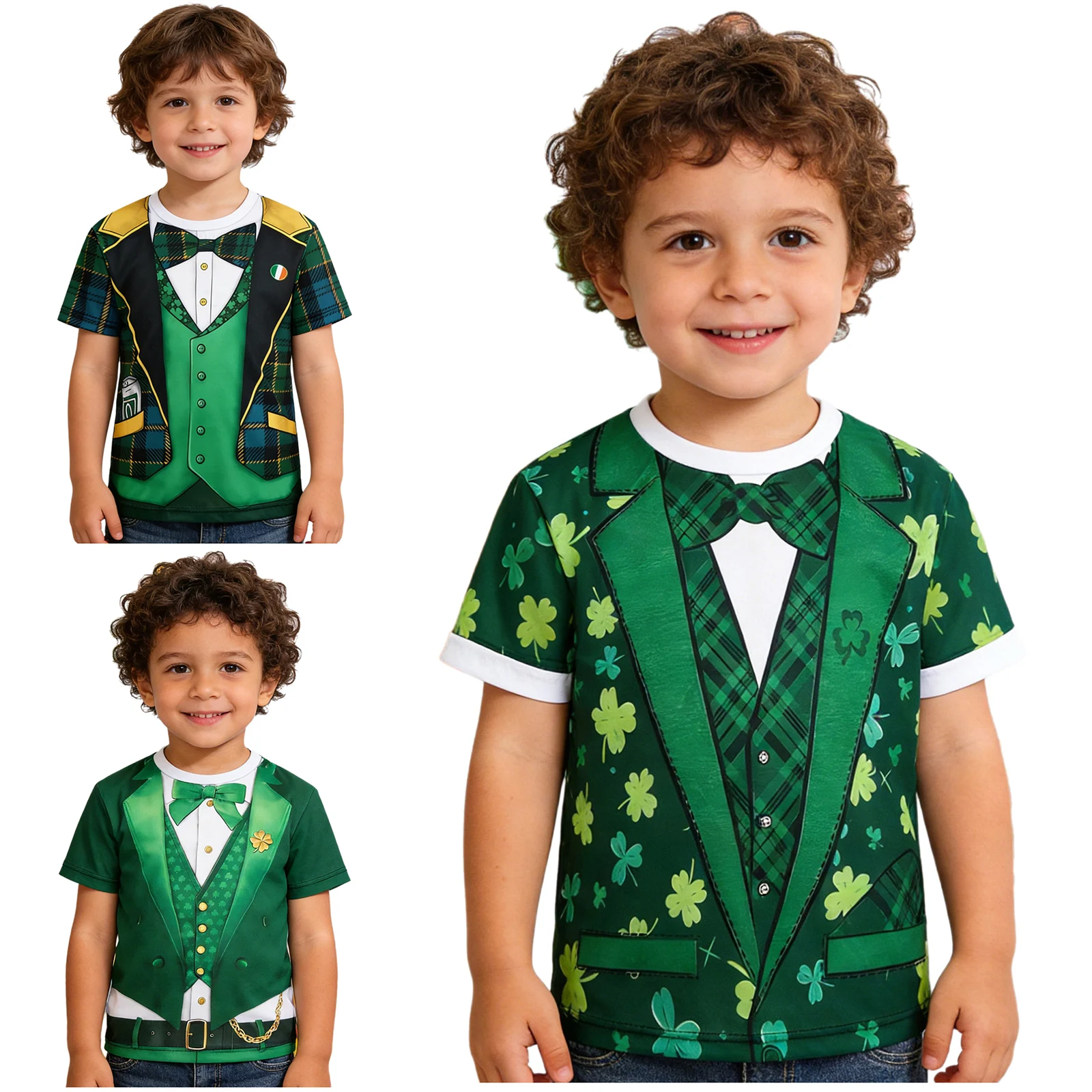 

Boys Girls St. Patrick's Day Shirt Irish Holiday Festival Party Costume Fake 2-piece 3D Print T-Shirts Short Sleeve Pullover Top
