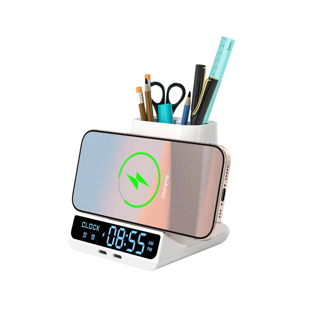 Wireless Charger Pen Holder&Alarm Clock Desktop Type C Port Charge for iPhone 17~12 Pro Max Samsung Xiaomi Fast Charging Station