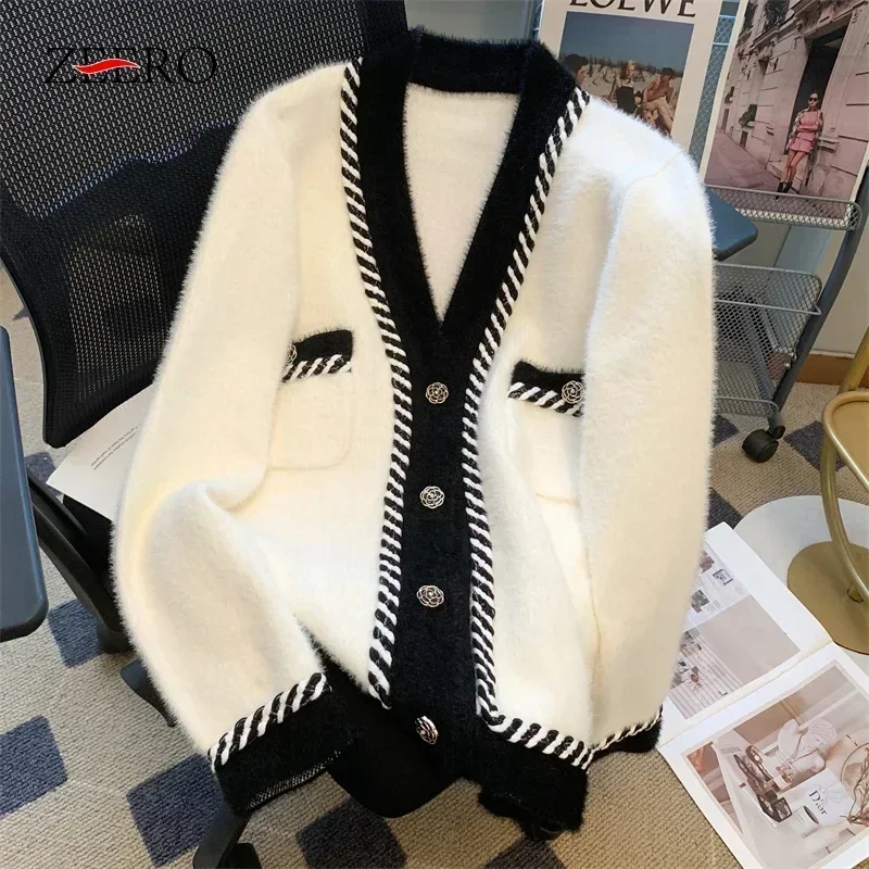 

Autumn Winter White Mink Plush Knitted Sweater Coat Women Black V-neck Small Fragrance Contrast Knitting Loose Cardigan Tops