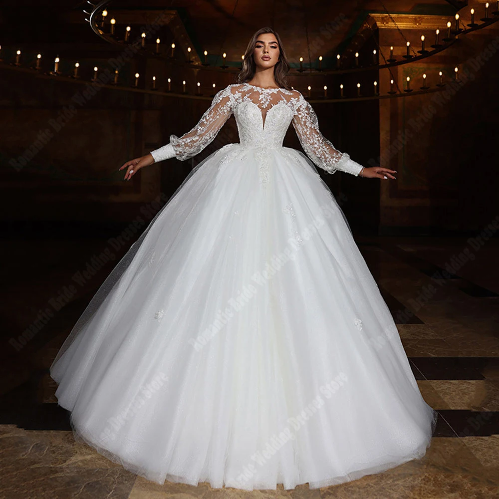 2025 Round-Neck Long Sleeves Women Wedding Dresses Fluffy Large Skirt Hem Princess Bride Gowns Ball Vestido De Novia Customized