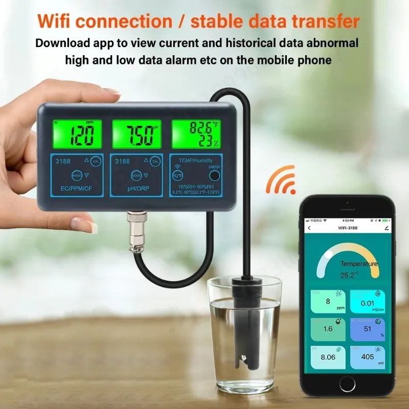 7In1 WiFi Tuya PH Meter Temp TDS(ppm) EC ORP Water Monitor PH Electrode Water Quality Tester for Aquariums Tank Hydroponics Pool