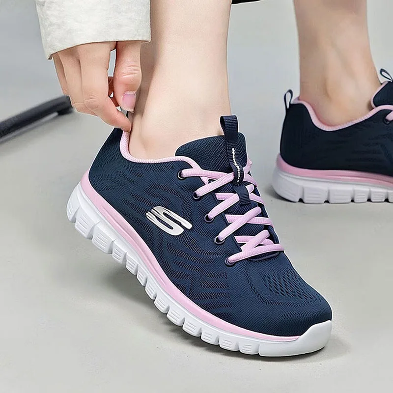 Skechers 12615‑NVHP Women Running Shoes Navy Blue Pink Lightweight Breathable Comfort Sneakers