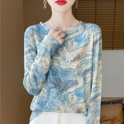Spring And Autumn Thin Women's Round Neck Pullover Lazy Multi Style Retro Printed Mulberry Silk Long Sleeved Knitted Base Shirt
