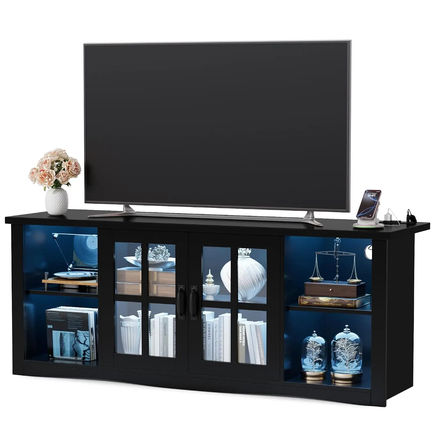 58 Inch Farmhouse TV Stand with Glass Doors for 65