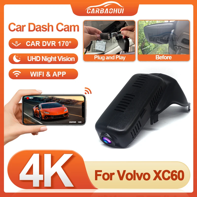 

Видеорегистратор UHD 4K для VOLVO XC60 2012 2013 2014 2015 2016 2017, Plug and Play, беспроводной Wi-Fi, автомобильный видеорегистратор, видеорегистратор DashCam, видеорегистратор