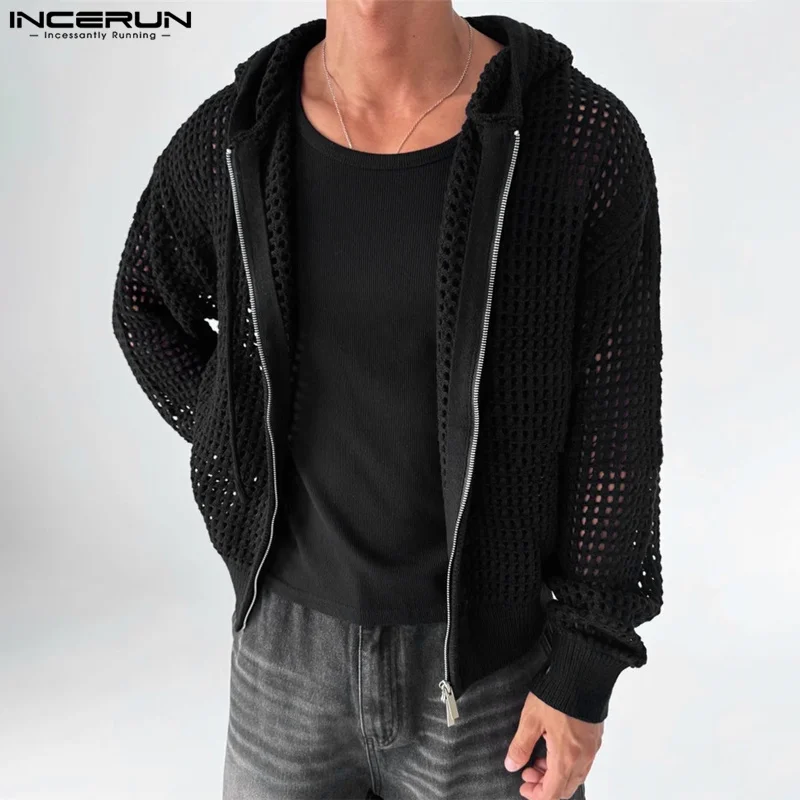 INCERUN Elegant Well Fitting Tops Casual Hollow Out Cargin Simple Korean Fashion Streetwear Male Long Sleeve  Zipper Coats 2024