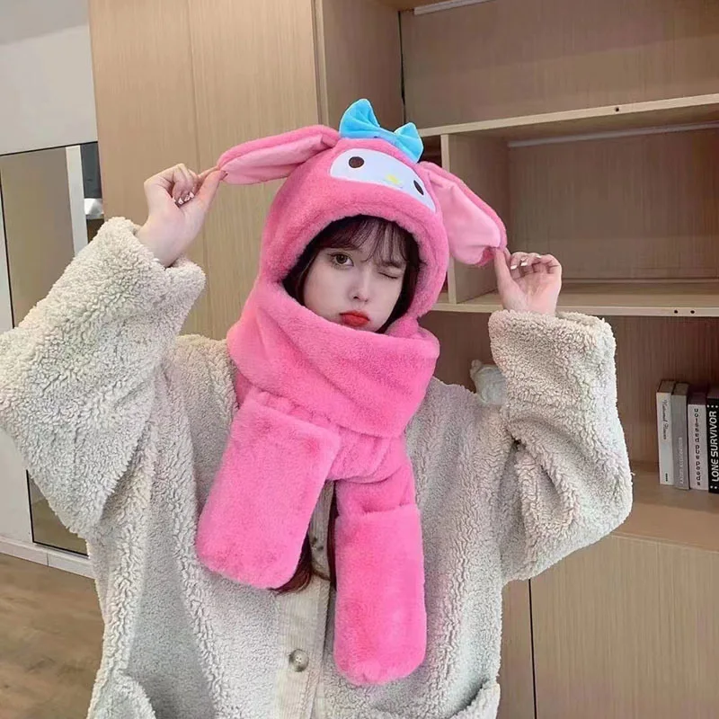 الكرتون سانريوس كورومي قبعة قفازات وشاح الكل في واحد ميلودي سينامورول فتاة الشتاء سدادات حماية الأذن المخملية رشاقته الدافئة مقنعين ندبة #2