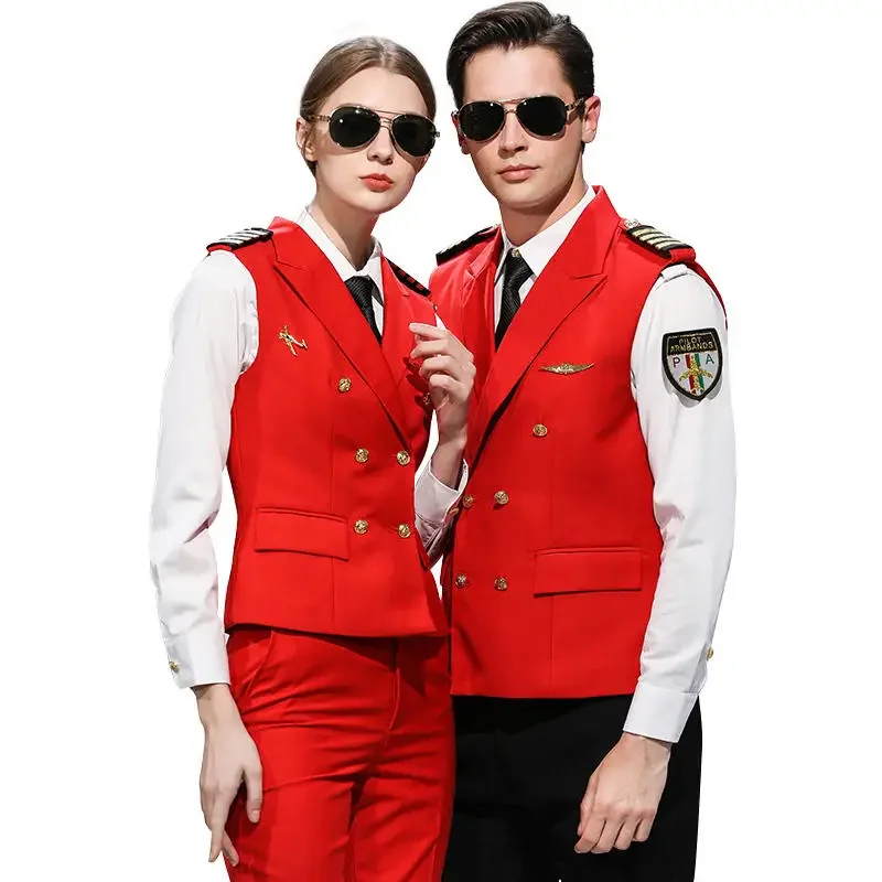Custom Fashion Design Air Pilot Stewardess Hostess Cabin Crew Stewardess Luchtvaartmaatschappij Uniformen Vest + Shirt + Broekpak