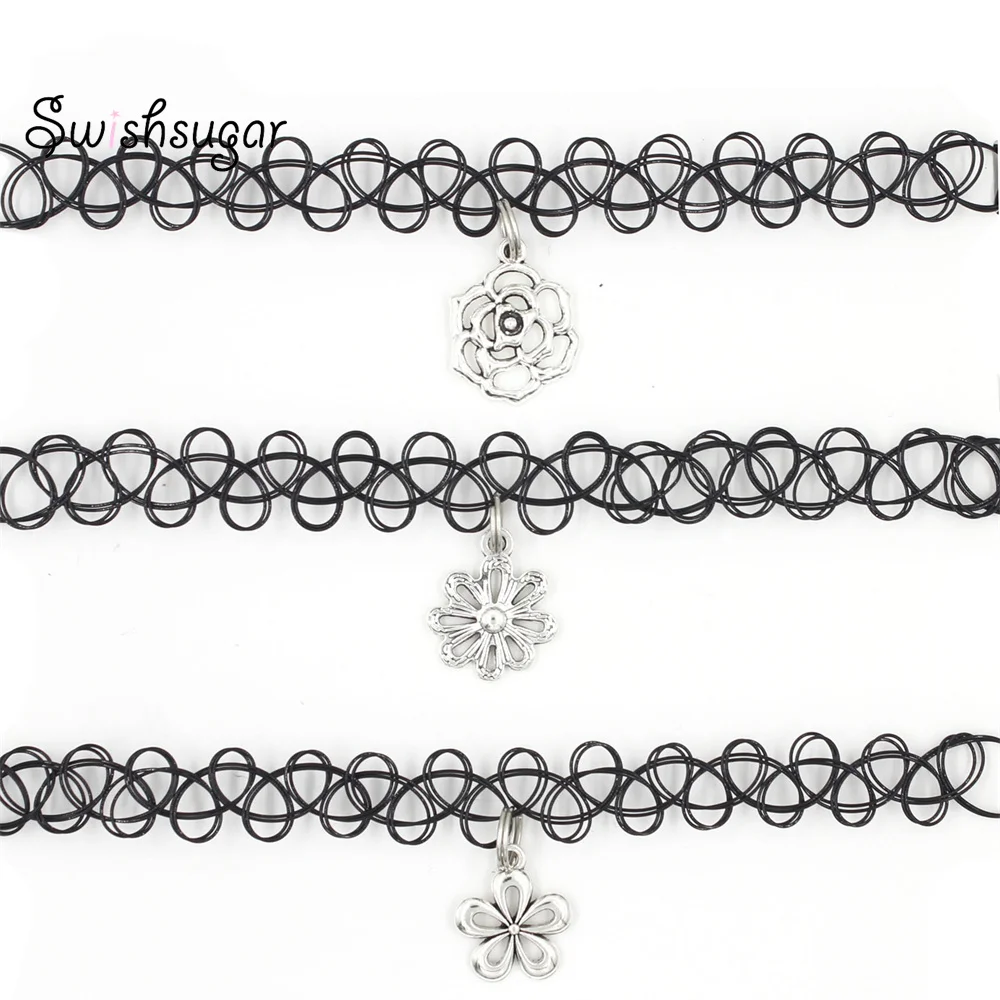 Flower Charm Pendant Gothic Retro Stretch Necklace Elastic Tattoo Choker Jewelry Personality Neck Chain Jewelry Gift Favor