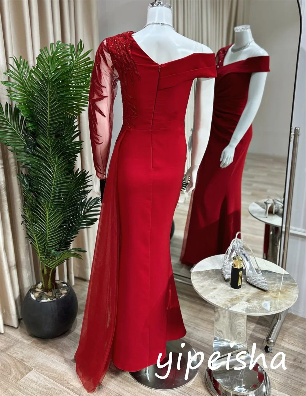 Customized Chinese Style Jersey Sequined Pleat Trumpet Off-the-shoulder Long Dresses Bespoke Occasion Sexy
