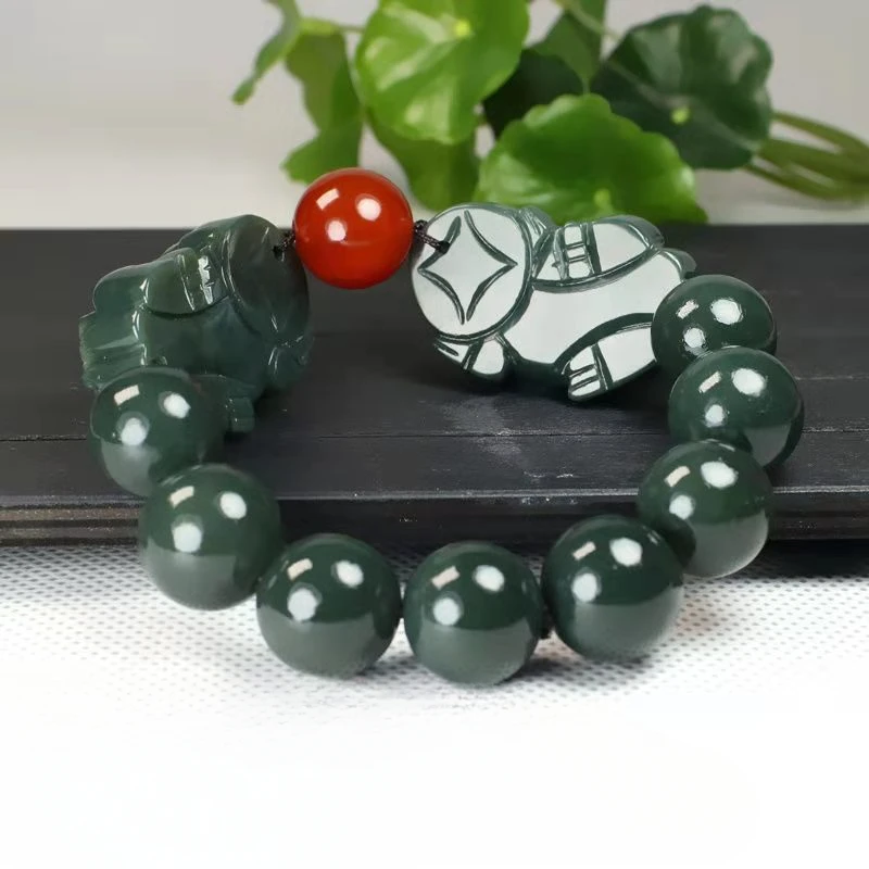Pulsera Pixiu doble de jade verde Pulsera de cuentas de Buda Pulseras para hombres y mujeres