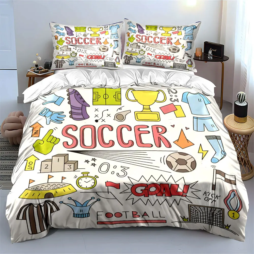 Hand Drawn Soccer Doodle Element Bedding Set,Trophy Goal Jersey Football Sketch Print Teen Bed Set 1 Duvet Cover 2 Pillowcase